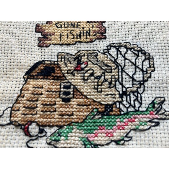 Vtg Cross Stitch "Gone Fish'n Handmade & "The Perfect Catch" Ornament Fishing - Picture 4 of 9